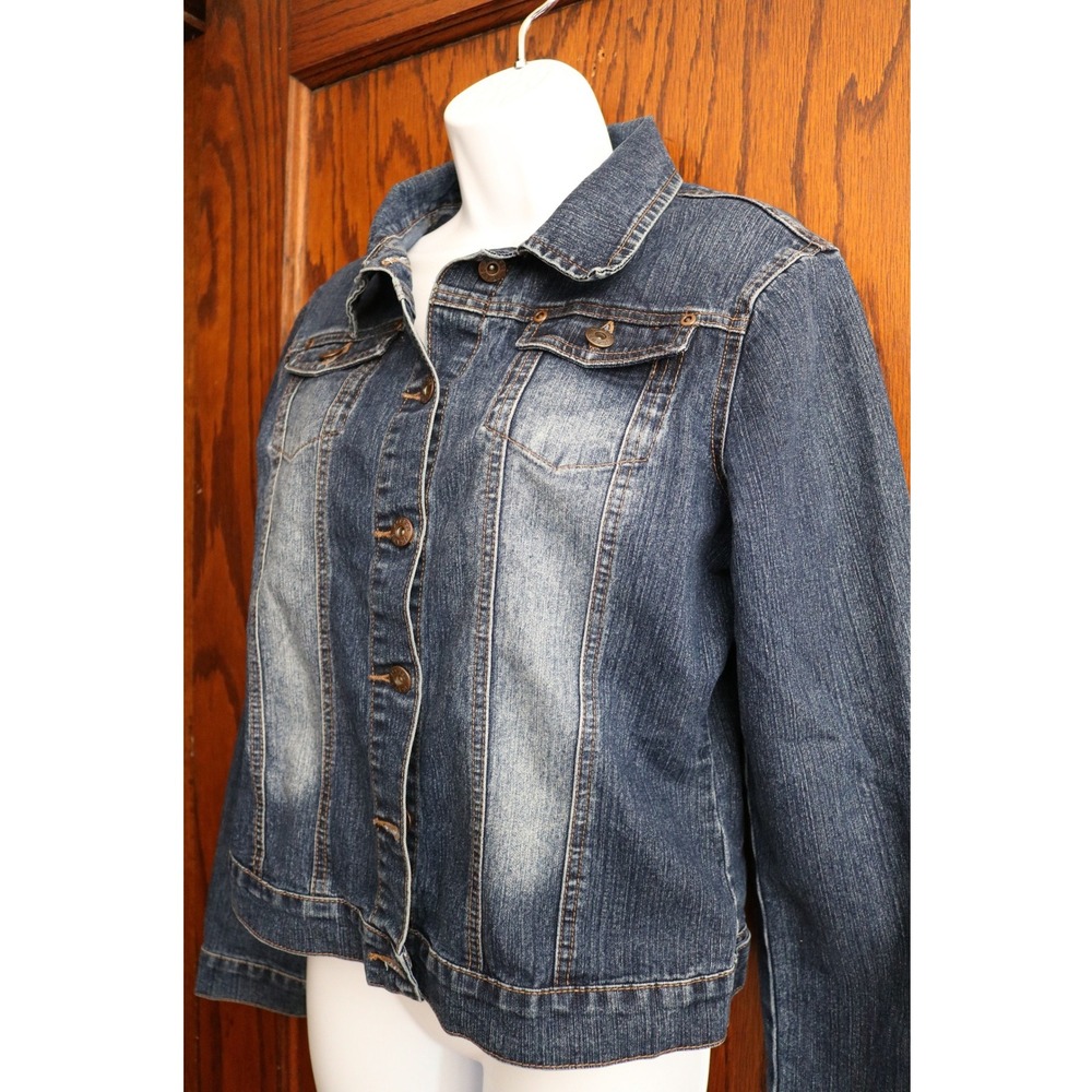 AC3998 Faded Denim Trucker Jacket Women Large Blue Stretch Buttons Casual 90s - Picture 3 of 15